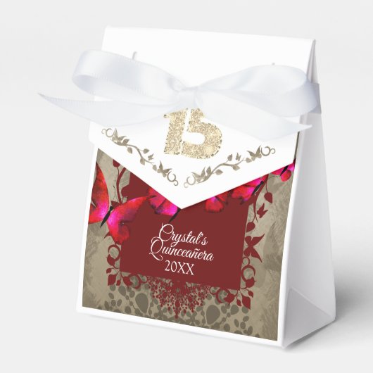 Rood, beige Sparkly 15 Quinceanera Favor Box Bedankdoosjes (Voorkant Zijde)