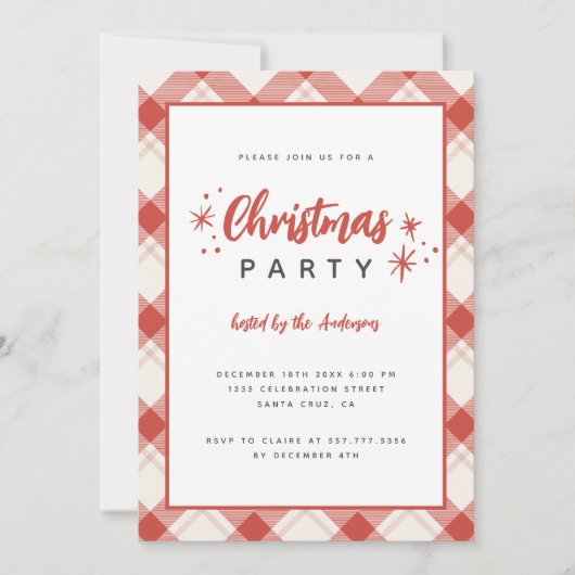 Rood & Beige Tartan Plaid Script Kerstfeest Kaart (Voorkant)