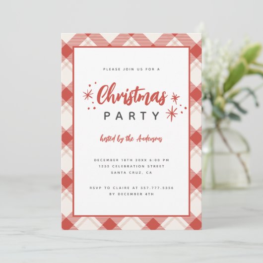 Rood & Beige Tartan Plaid Script Kerstfeest Kaart (Staand voorkant)