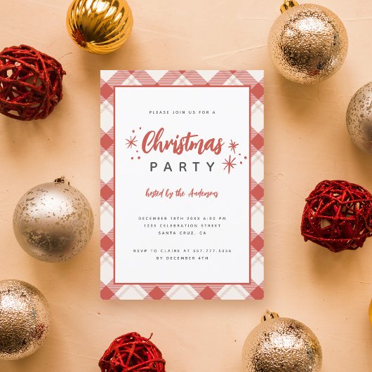 Rood & Beige Tartan Plaid Script Kerstfeest Kaart