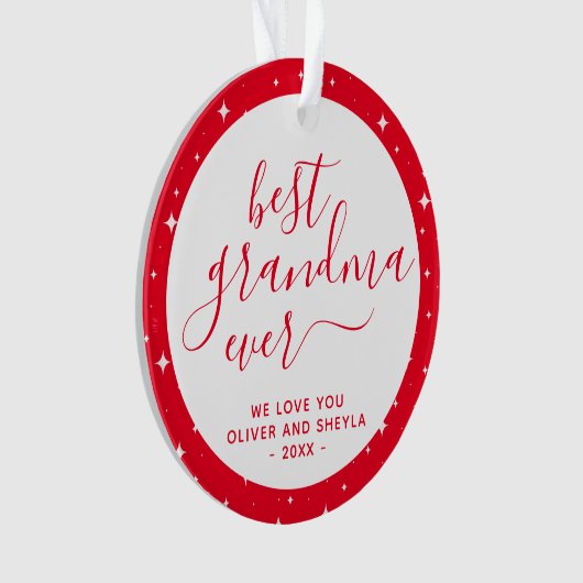 Rood Beste Oma Ever Script Stars Foto op Achterkan Ornament (voorkant)