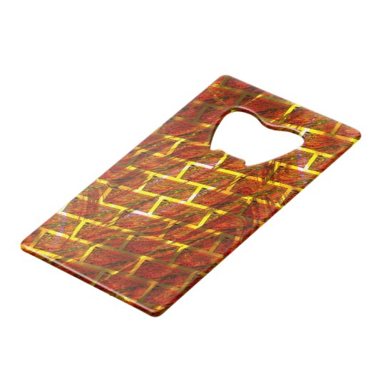 Rood bevlekt, gekrast, gouden raster of bakstenen  creditkaart flessenopener (Achterkant Gekanteld)