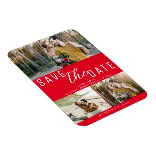 Rood Bewaar de datum Bruiloft 3 Foto's Magneet (Rechterzijde)