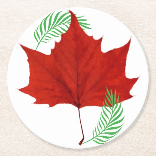 Rood blad en varens ronde kartonnen onderzetter (Voorkant)