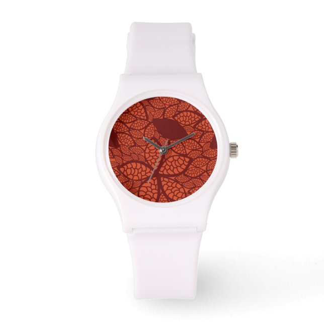 Rood bladeren patroon op sinaasappel horloge (Voorkant)