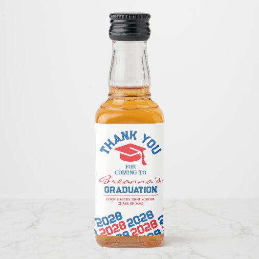 Rood & Blauw Afstuderen Dank u Mini Likeurfles Etiket (Voorkant)