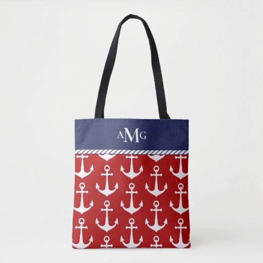 Rood blauw anker patroon monogram Nautisch Tote Bag (Voorkant)