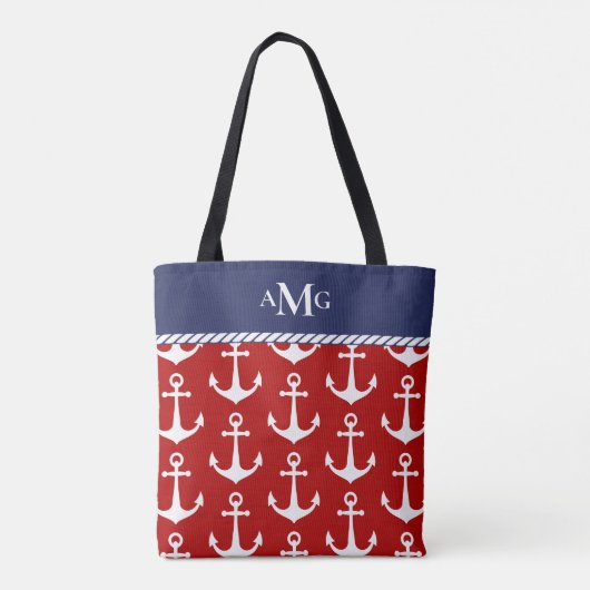 Rood blauw anker patroon monogram Nautisch Tote Bag (Achterkant)