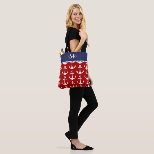 Rood blauw anker patroon monogram Nautisch Tote Bag (Op model)