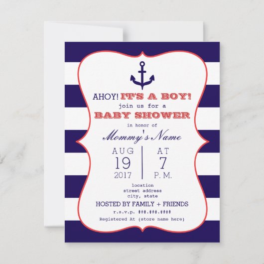 Rood + Blauw Anker + Stripes Boy Baby shower Kaart (Achterkant)
