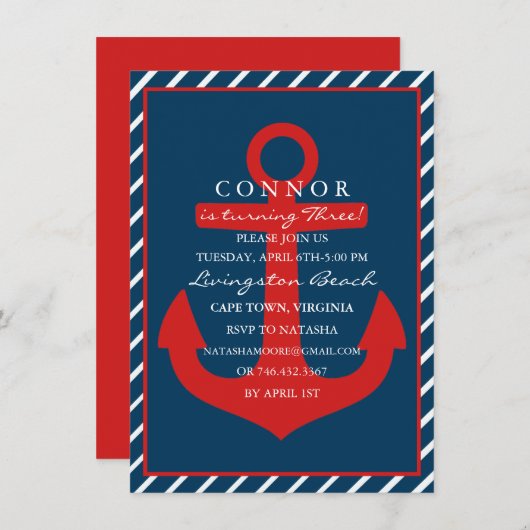 Rood & Blauw Anker Verjaardag Uitnodiging (Voorkant / Achterkant)