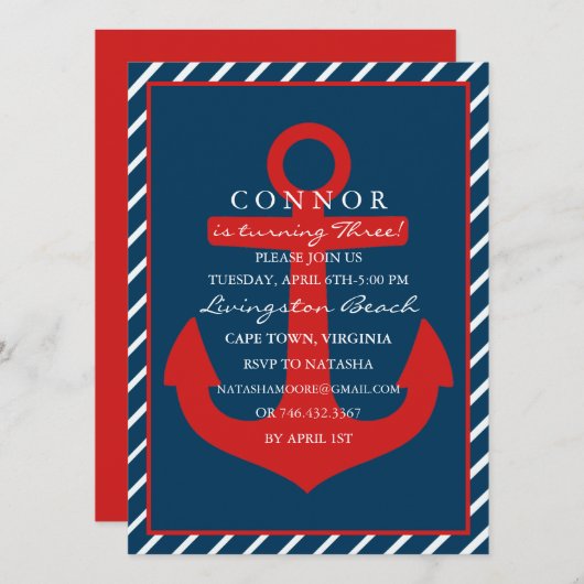 Rood & Blauw Anker Verjaardag Uitnodiging (Voorkant / Achterkant)