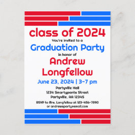 Rood & Blauw Bars Afstudeerfeest Uitnodiging Briefkaart
