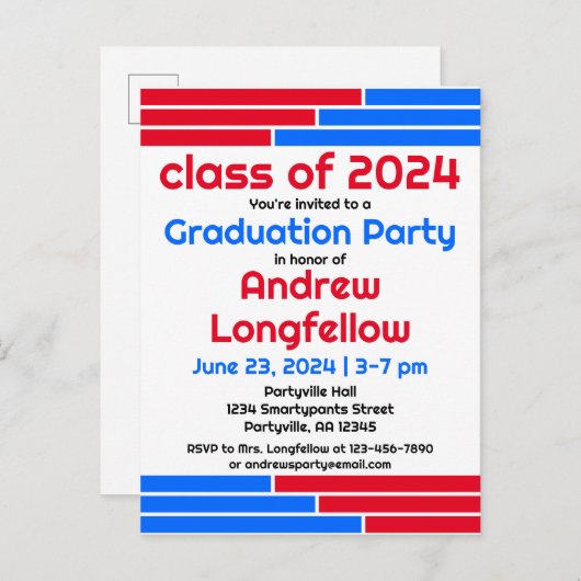 Rood & Blauw Bars Afstudeerfeest Uitnodiging Briefkaart (Voorkant / Achterkant)