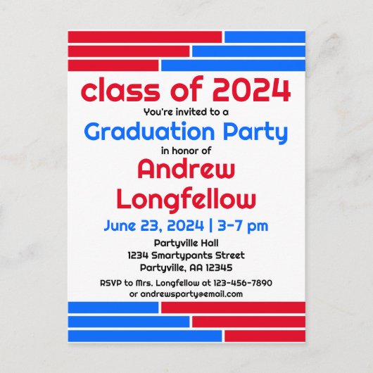 Rood & Blauw Bars Afstudeerfeest Uitnodiging Briefkaart (Voorkant)