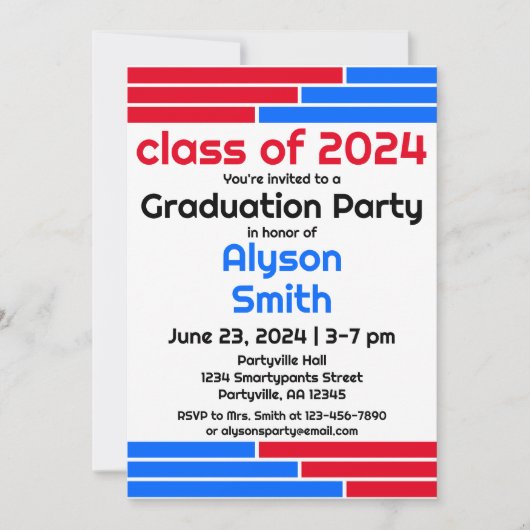 Rood & Blauw Bars Één Foto Afstudeerder Partij Kaart (Voorkant)