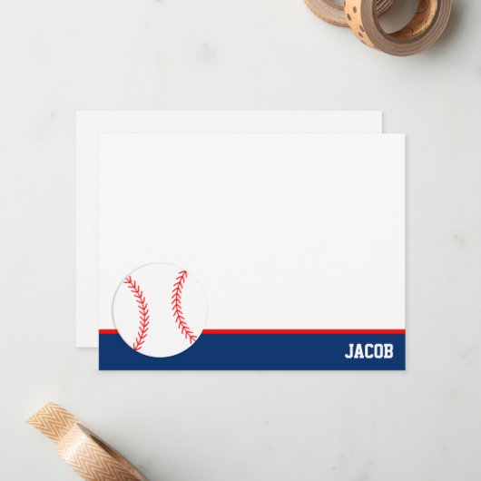 Rood Blauw Baseball Gepersonaliseerde Flat Notitiekaartje (Voorkant / Achterkant in situ)
