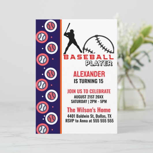 Rood Blauw Baseball Meisje Jongen Verjaardagsfeest Kaart (Staand voorkant)