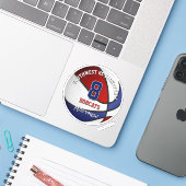Rood blauw basketbalteam kleurt kinder naam sticker (Laptop met iPhone)