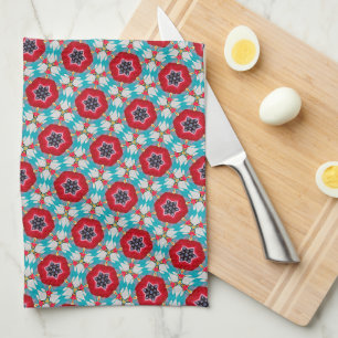 Rood Blauw Bloem Geometrisch Abstract Theedoek