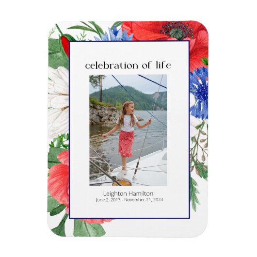 Rood Blauw Bloemen Foto Collage Begrafenis Magneet (Verticaal)