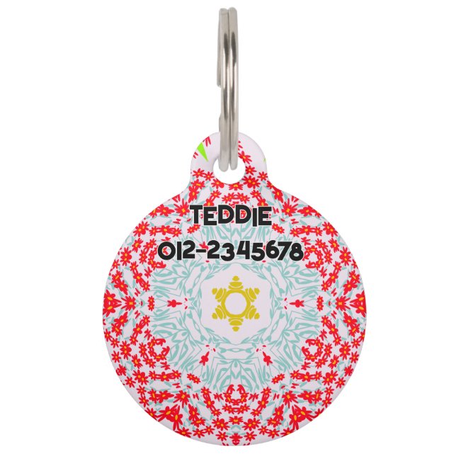 Rood Blauw Bloemen met Contactnummer. Huisdierpenning (Voorkant)