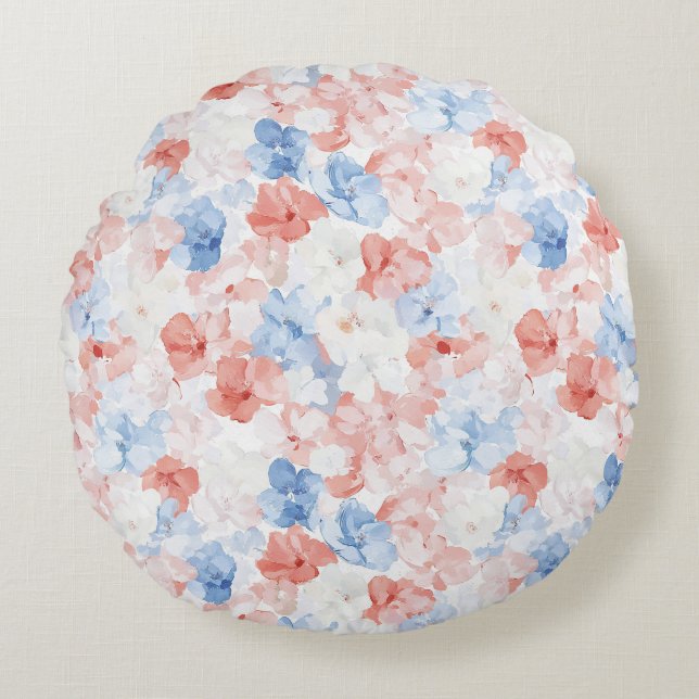 Rood Blauw Bloemen Rond Kussen (Voorkant)