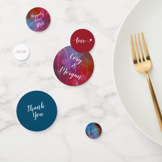 Rood & Blauw Bokeh Modern| Namen, Liefde, Datum Confetti (Groep)