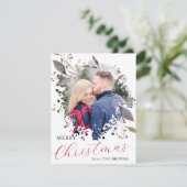 Rood-blauw buffelgeruit plat fotokerstkaart feestdagenkaart (Staand voorkant)