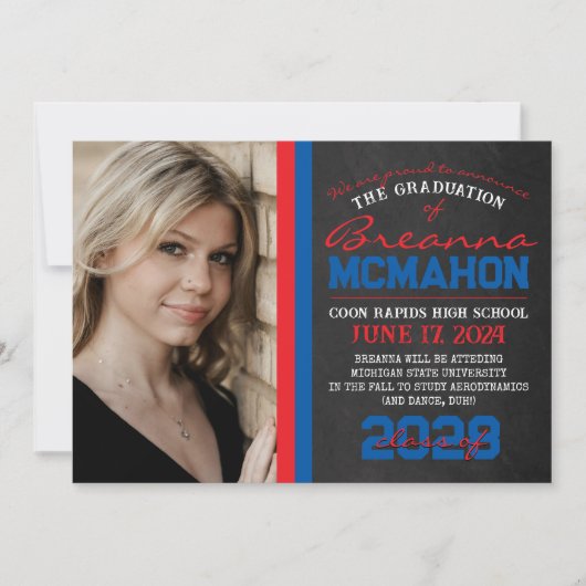 Rood & Blauw Chalkboard Afstuderen Aankondiging (Voorkant)