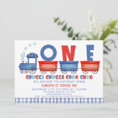 Rood Blauw Chugga Chugga Trein 1e Verjaardag Kaart (Staand voorkant)