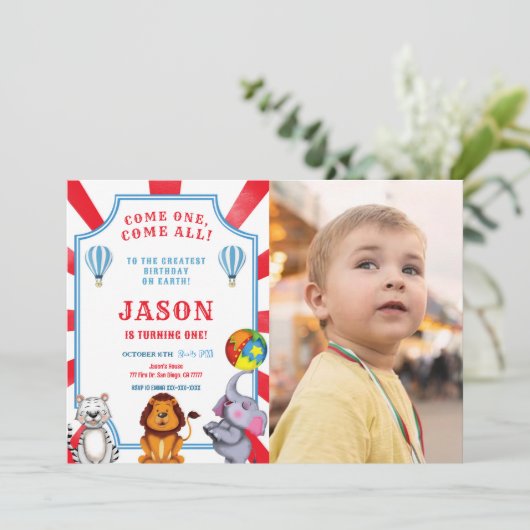 Rood & Blauw Circus Foto uitnodiging (Staand voorkant)