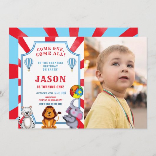 Rood & Blauw Circus Foto uitnodiging (Voorkant / Achterkant)