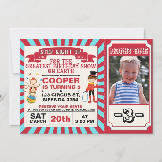 Rood Blauw Circus Ticket Foto Verjaardag Uitnodigi Kaart (Voorkant)