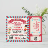 Rood Blauw Circus Ticket Verjaardag Uitnodiging (Staand voorkant)