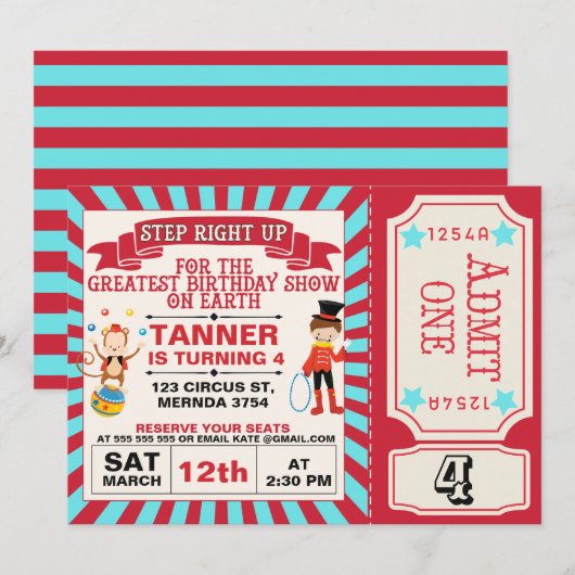 Rood Blauw Circus Ticket Verjaardag Uitnodiging (Voorkant / Achterkant)