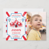 Rood & Blauw Circus Verjaardag Foto uitnodiging (Voorkant)