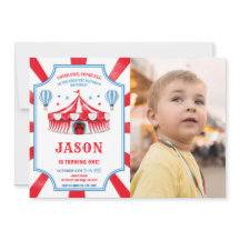 Rood & Blauw Circus Verjaardag Foto uitnodiging