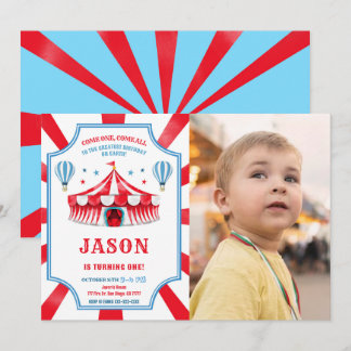 Rood & Blauw Circus Verjaardag Foto uitnodiging