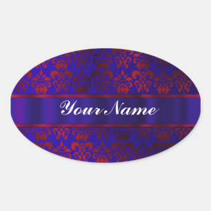 Rood & blauw damast werveling ovale sticker