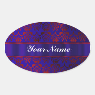 Rood & blauw damast werveling ovale sticker