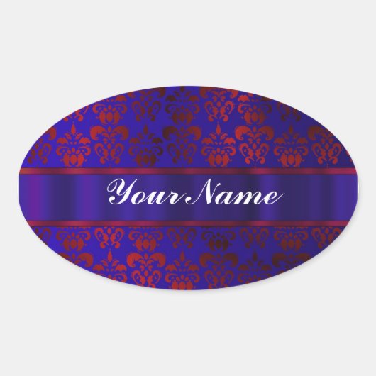 Rood & blauw damast werveling ovale sticker (Voorkant)