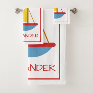 Rood Blauw en Geel Speelgoed Zeilboot Gepersonalis Bad Handdoek