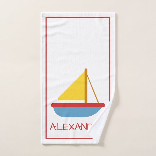 Rood Blauw en Geel Speelgoed Zeilboot Gepersonalis Bad Handdoek (Handdoek)