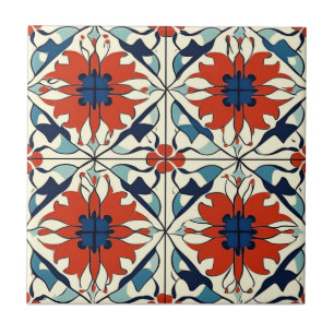 Rood Blauw en Off White Patroon Keramische Tegel Tegeltje