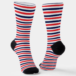 Rood, blauw en wit streepjespatroon sokken