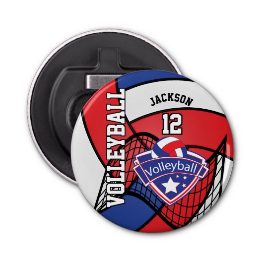Rood, blauw en wit Volleybal 🏐 Logo Button Flesopener (Voorkant)