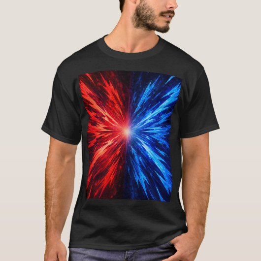 Rood Blauw Energie Uitbarsting T-Shirt – Abstracte (Voorkant)