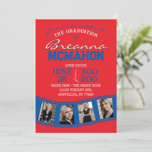 Rood & Blauw Filmstrip 5 Foto Afstuderen Kaart (Staand voorkant)