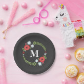 Rood + Blauw Floral Wreatmonogram Papieren Bordje (Feest)